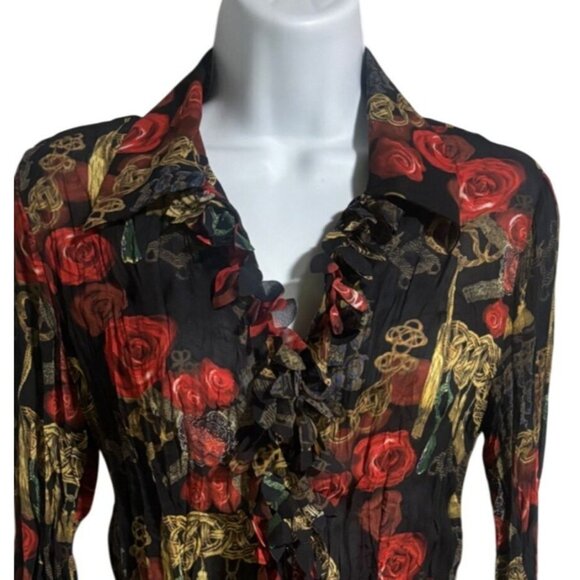 Violet & Claire Blouse Size S Sheer Floral Ruffled Pleated Fringe Long Sleeve - Picture 3 of 8